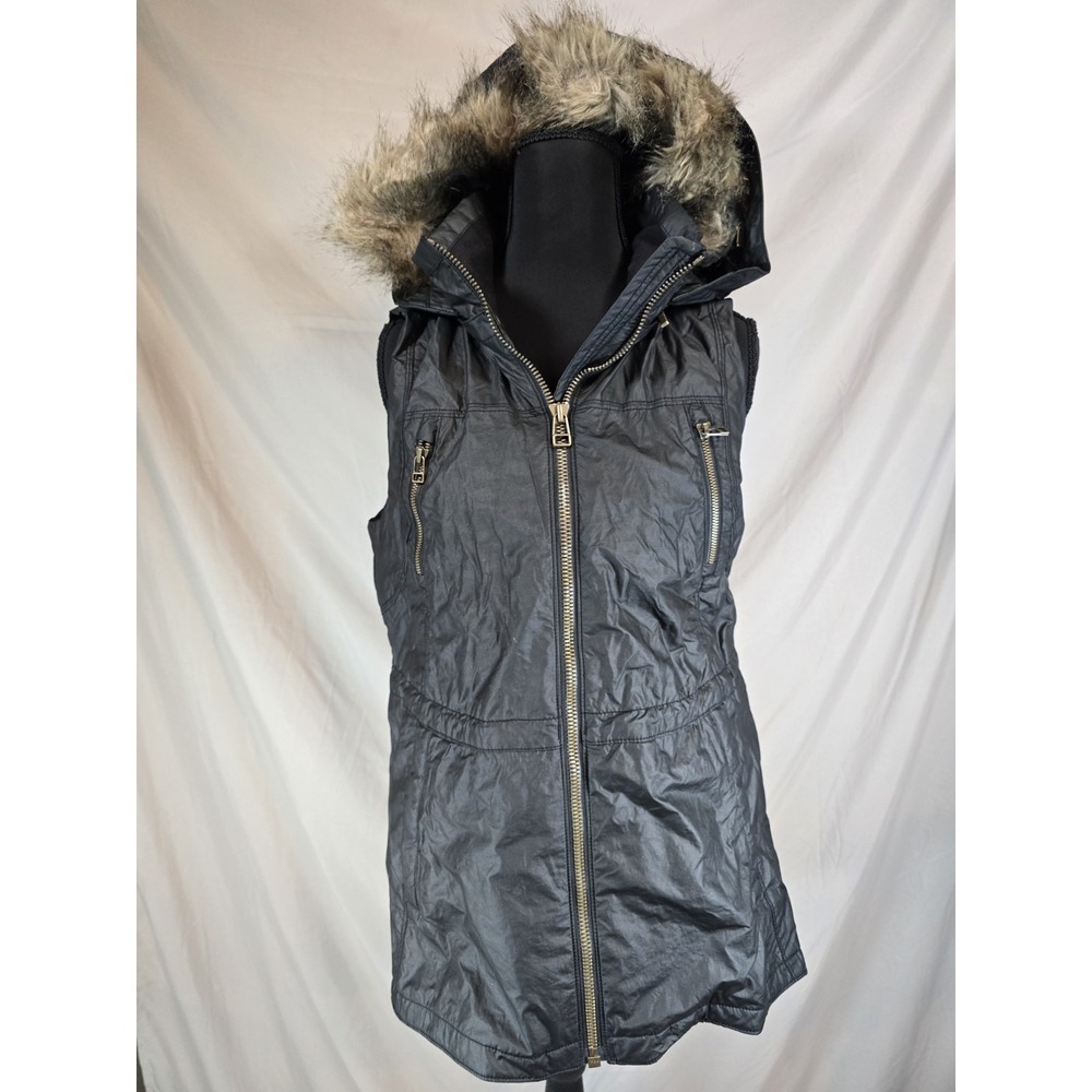 Athleta Alpine Air Womens Vest Black Full‎ Zip Faux Fur Detachable Hood Sz Small